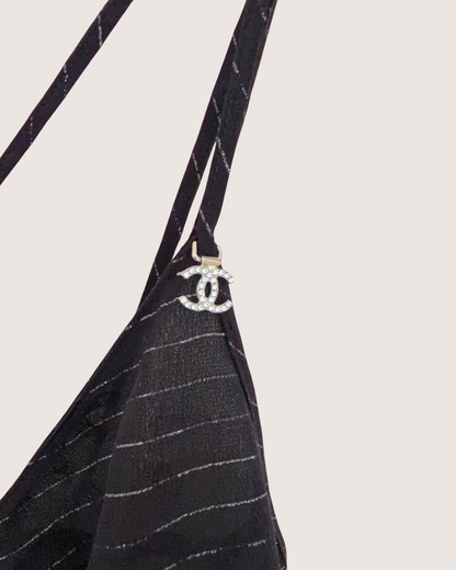 Chanel 23P Striped Crystal CC Camisole Top Black, Silver FR 36