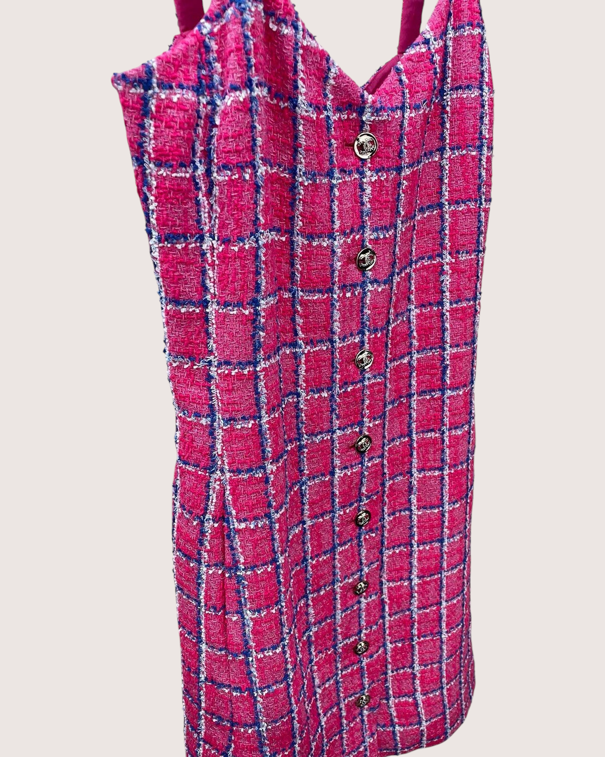 Chanel 24P Tweed Strappy Mid-Length Dress Pink, Blue, White FR 36
