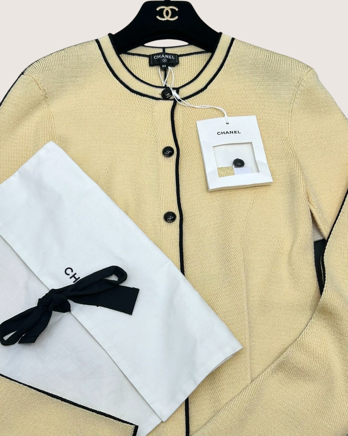 Chanel 26B Wool Black-Trim Cardigan Beige/Ecru, Black FR 34