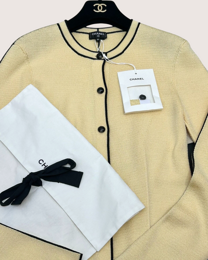Chanel 26B Wool Black-Trim Cardigan Beige/Ecru, Black FR 34
