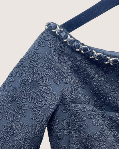 Chanel 21A Floral Off-Shoulder Chain-Trim Jacket Black FR 34