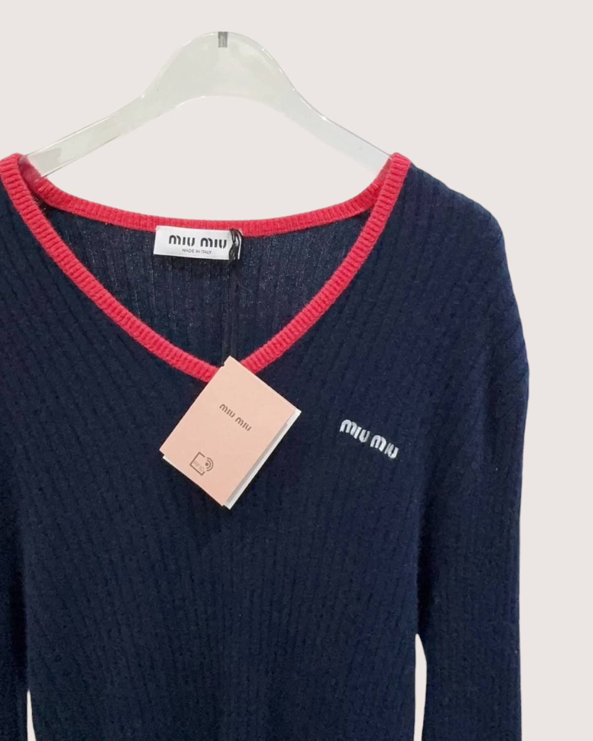 Miu Miu Ribbed V-Neck Sweater Navy, Red FR 36