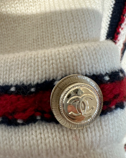 Chanel 26P Cashmere Striped-Trim Cardigan Beige/Ecru, Navy, Red FR 36