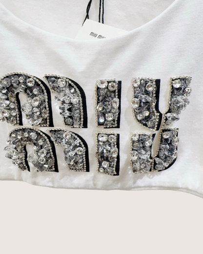 Miu Miu Crystal Logo Cropped Top White, Silver, Black FR 34