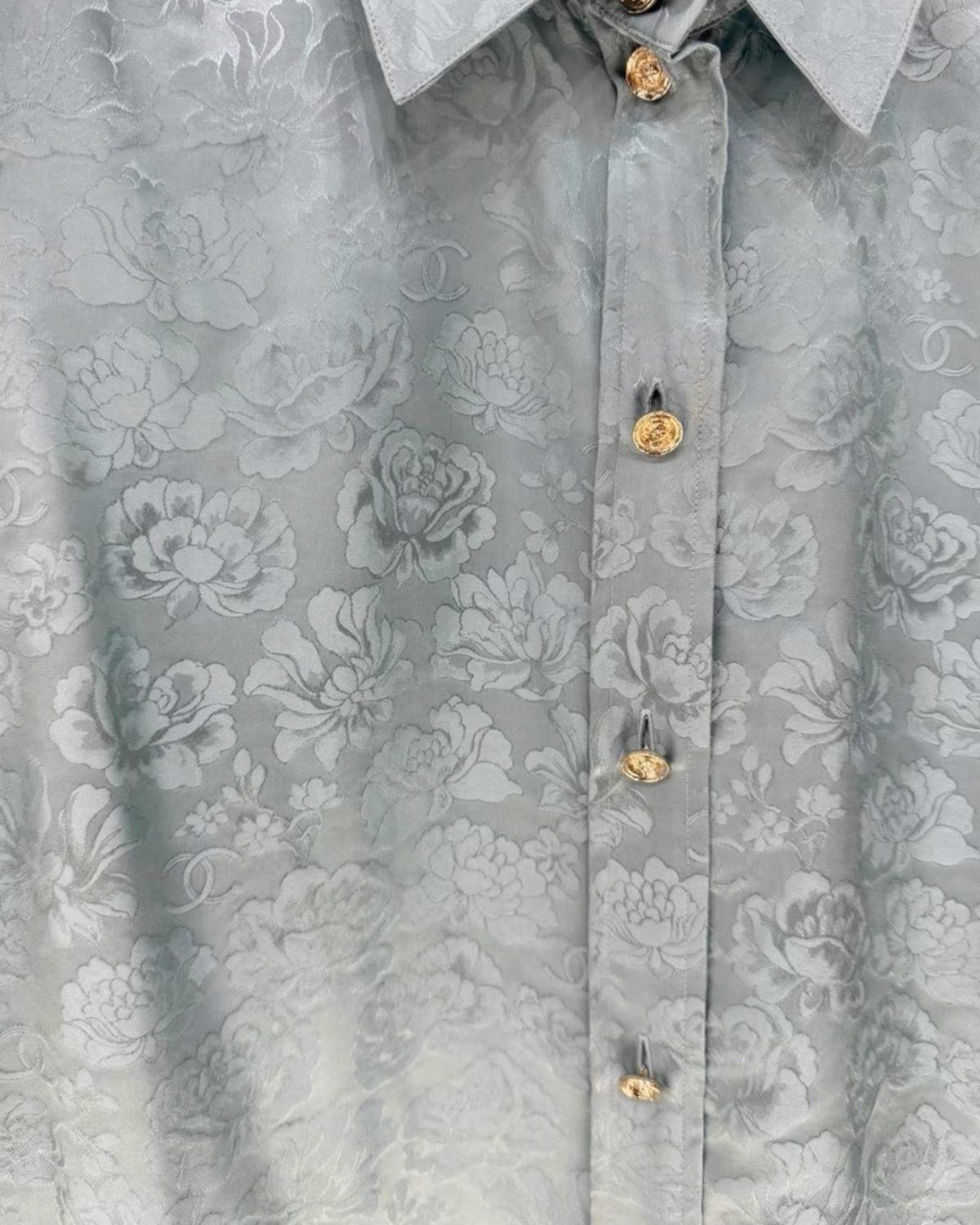 Chanel 25A Camellia Pattern Sleeveless Shirt Green, Blue FR 34