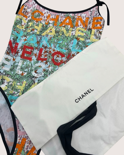 Chanel 26M Coco Beach Logo One-Piece Swimsuit Beige/Ecru, Green, Multicolor FR 34