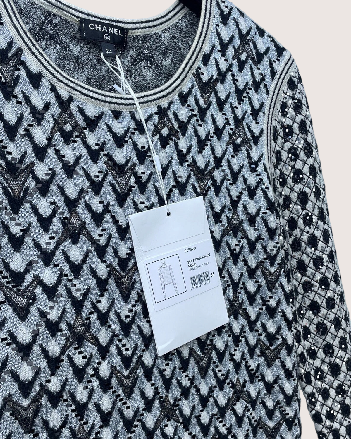 Chanel 21A Cashmere Sequin Chevron Sweater Grey, Black, White FR 34