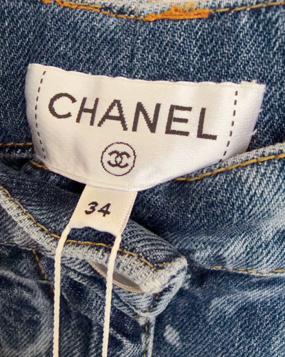 Chanel Sequin CC Wide-Leg Denim Jeans Blue, Silver FR 34