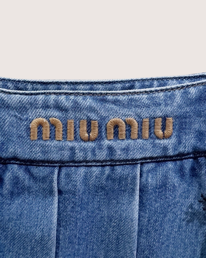 Miu Miu Pleated Denim Logo Mini Skirt Blue IT 36