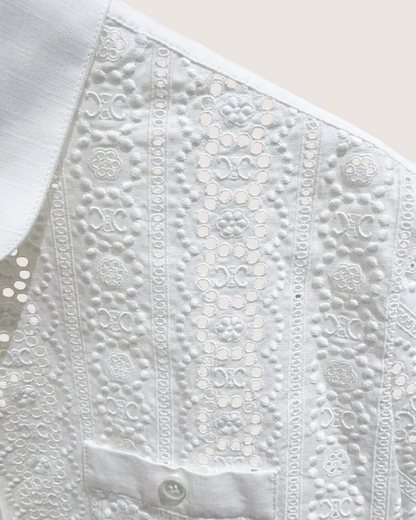 Celine Triomphe Eyelet Short-Sleeve Shirt White FR 38
