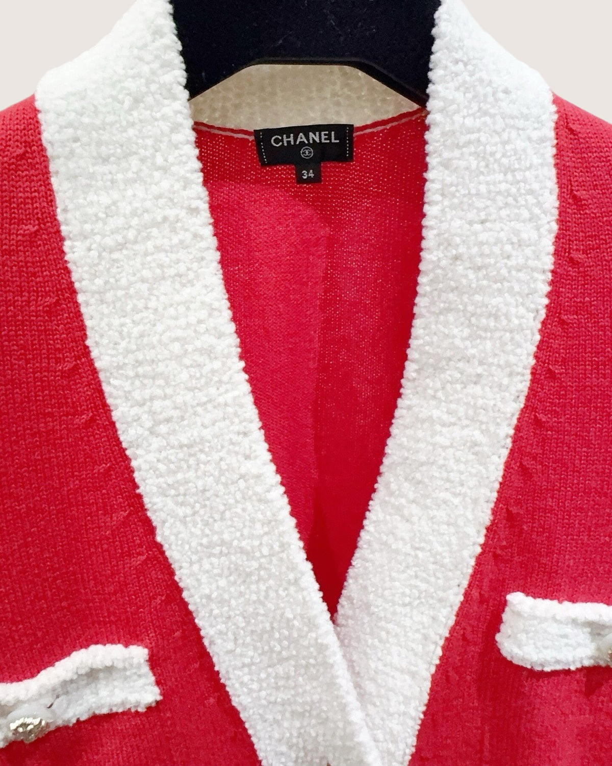 Chanel 19K Bouclé-Trim Cardigan Red, White FR 34