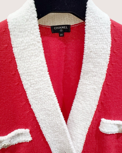 Chanel 19K Bouclé-Trim Cardigan Red, White FR 34