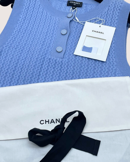 Chanel 24B Cashmere Cable-Stitch Vest Blue FR 34