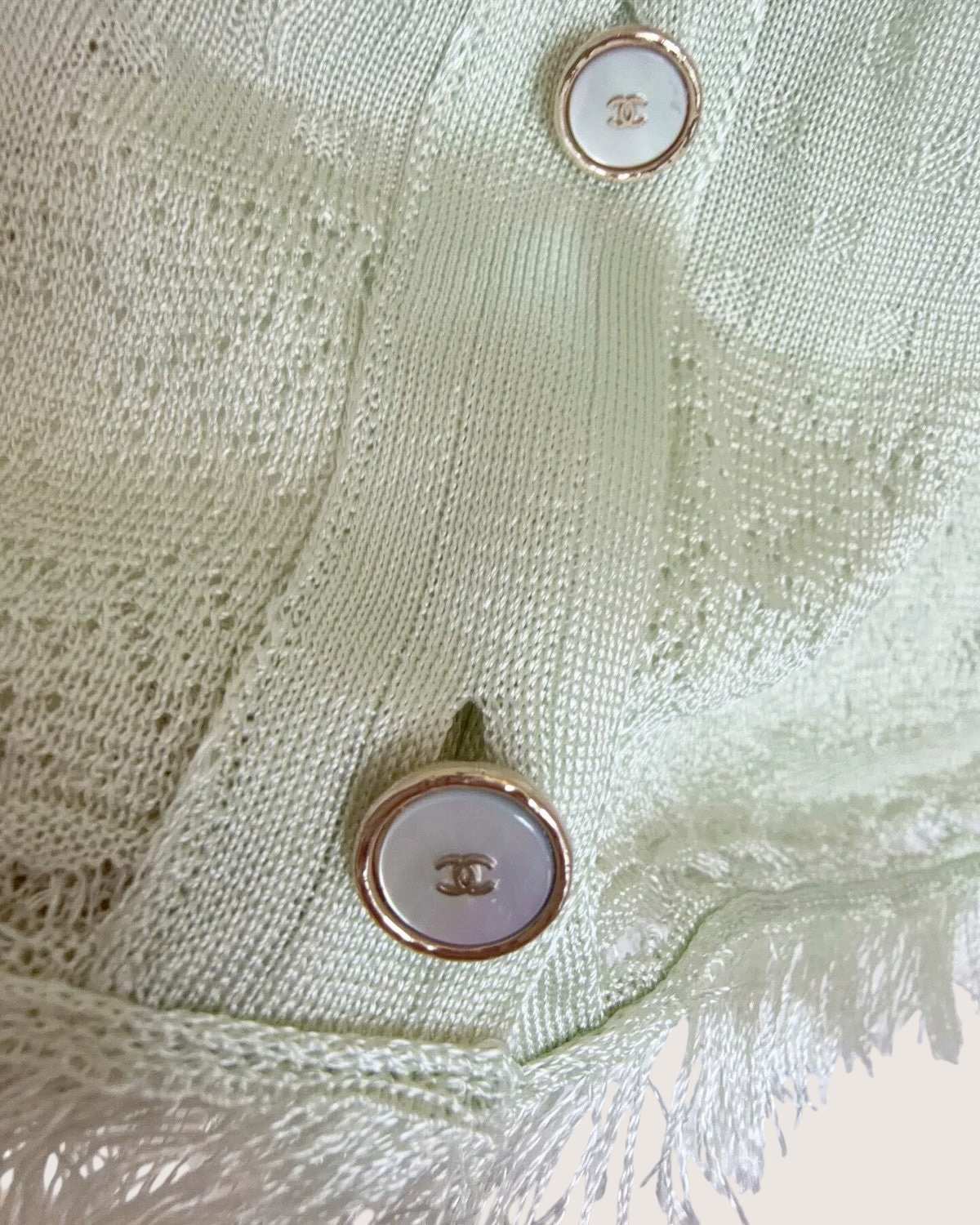 Chanel 26P V-Neck Fringe Cardigan Green FR 34