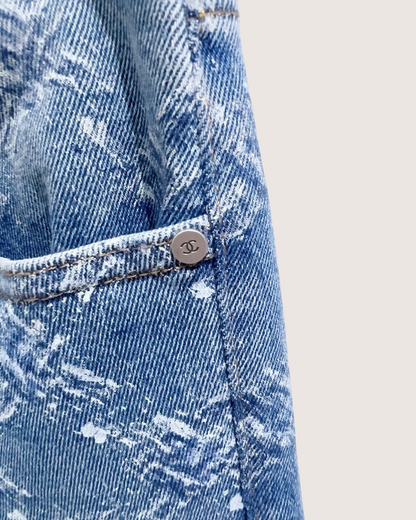 Chanel 19A Logo-Print Skinny Denim Jeans Blue, White FR 34