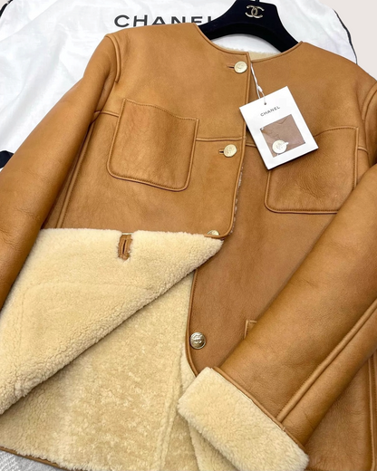 Chanel 24K Four-Pocket Shearling Fur Jacket Brown FR 38