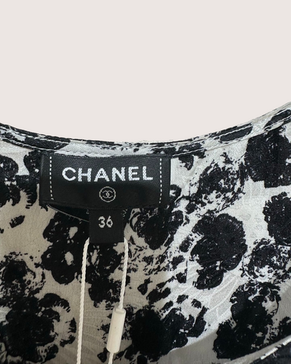 Chanel 26P Floral Ruffle-Hem Mini Dress Black, White FR 36