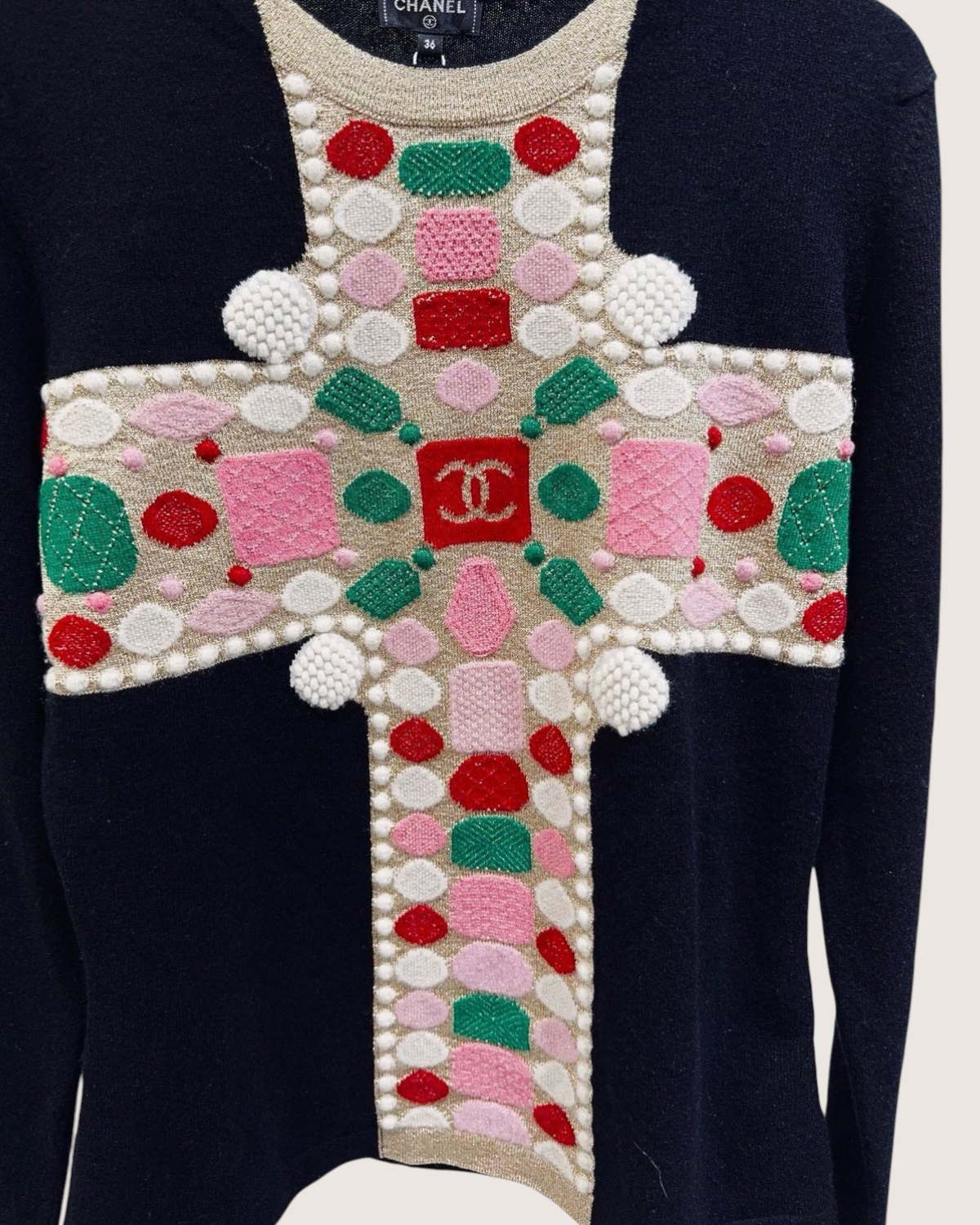Chanel 20K Cashmere Embellished Cross Sweater Black, Pink, Multicolor FR 36