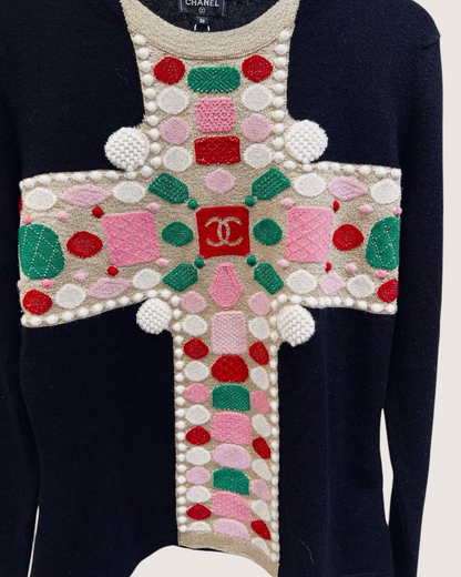 Chanel 20K Cashmere Embellished Cross Sweater Black, Pink, Multicolor FR 36