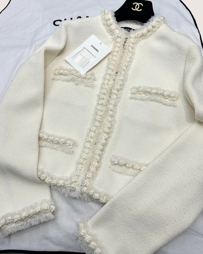 Chanel 26A Fringe-Trim Four-Pocket Bouclé Jacket Beige/Ecru FR 36