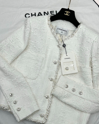Chanel 25P Pearl Tweed Jacket White FR 36