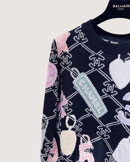 Chanel 22P Wool Charm Print Sweater Black, Pink, Multicolor FR 34
