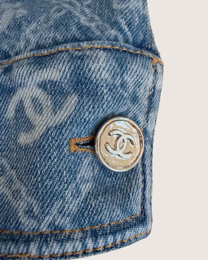 Chanel 23A Camellia Denim Jacket Blue, White FR 42