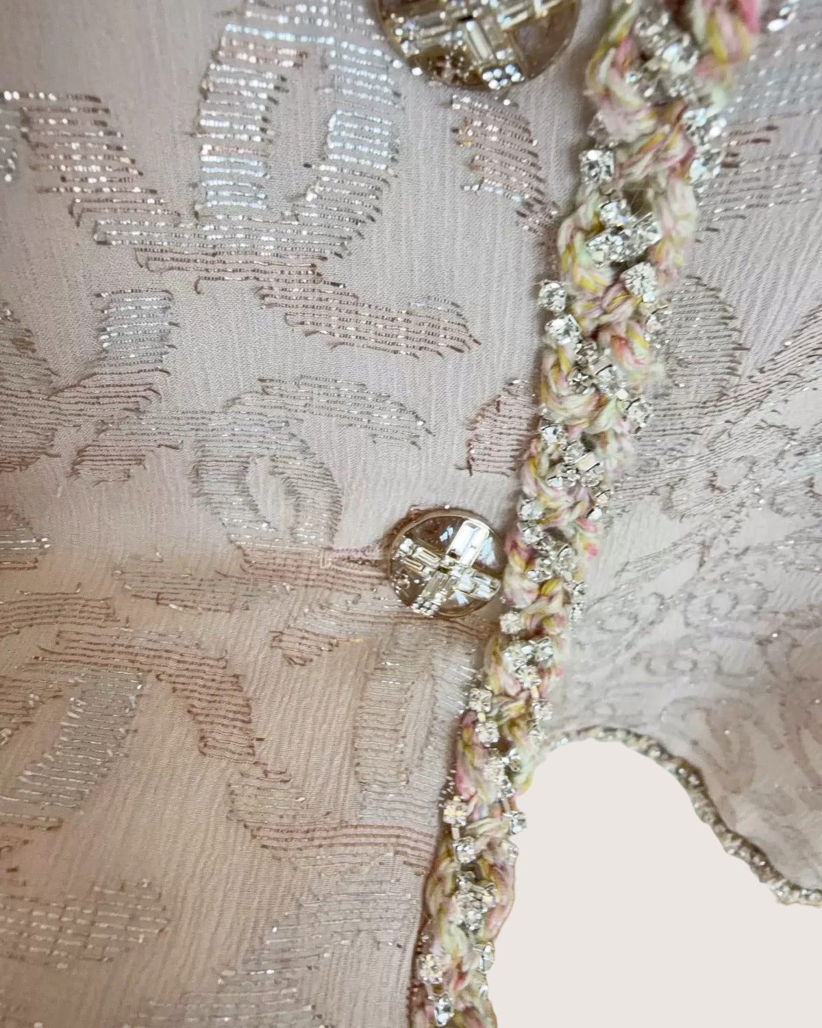 Chanel 23P Crystal-Trim Silk Coat Beige/Ecru, Pink FR 38