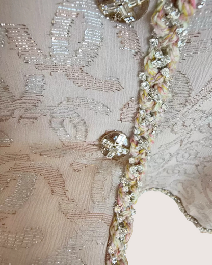 Chanel 23P Crystal-Trim Silk Coat Beige/Ecru, Pink FR 38