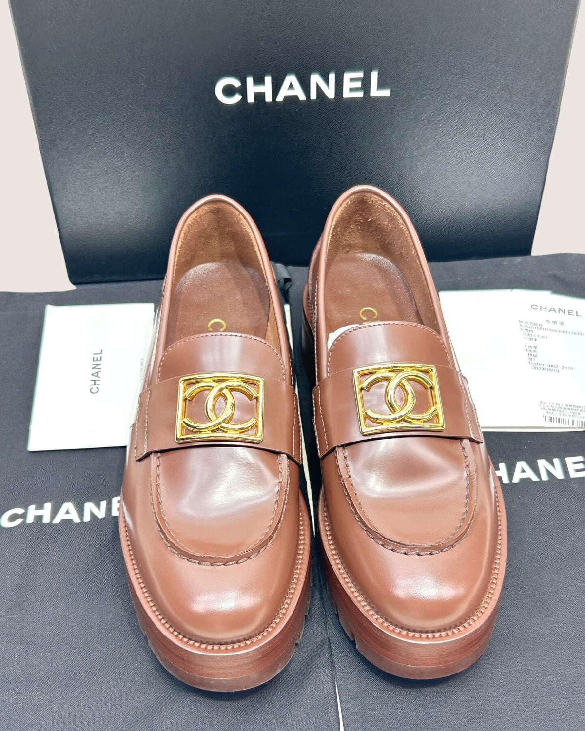 Chanel 23B Platform CC Loafers Brown EU 36.5