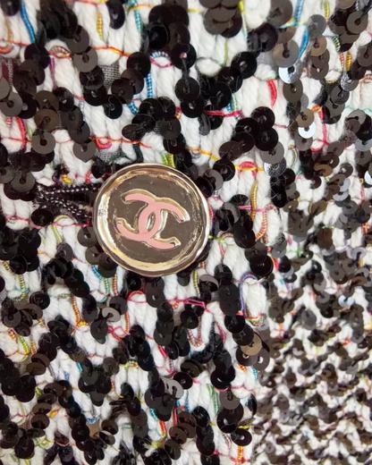 Chanel 23A Sequin Chevron Tweed Jacket Black, White, Multicolor FR 34