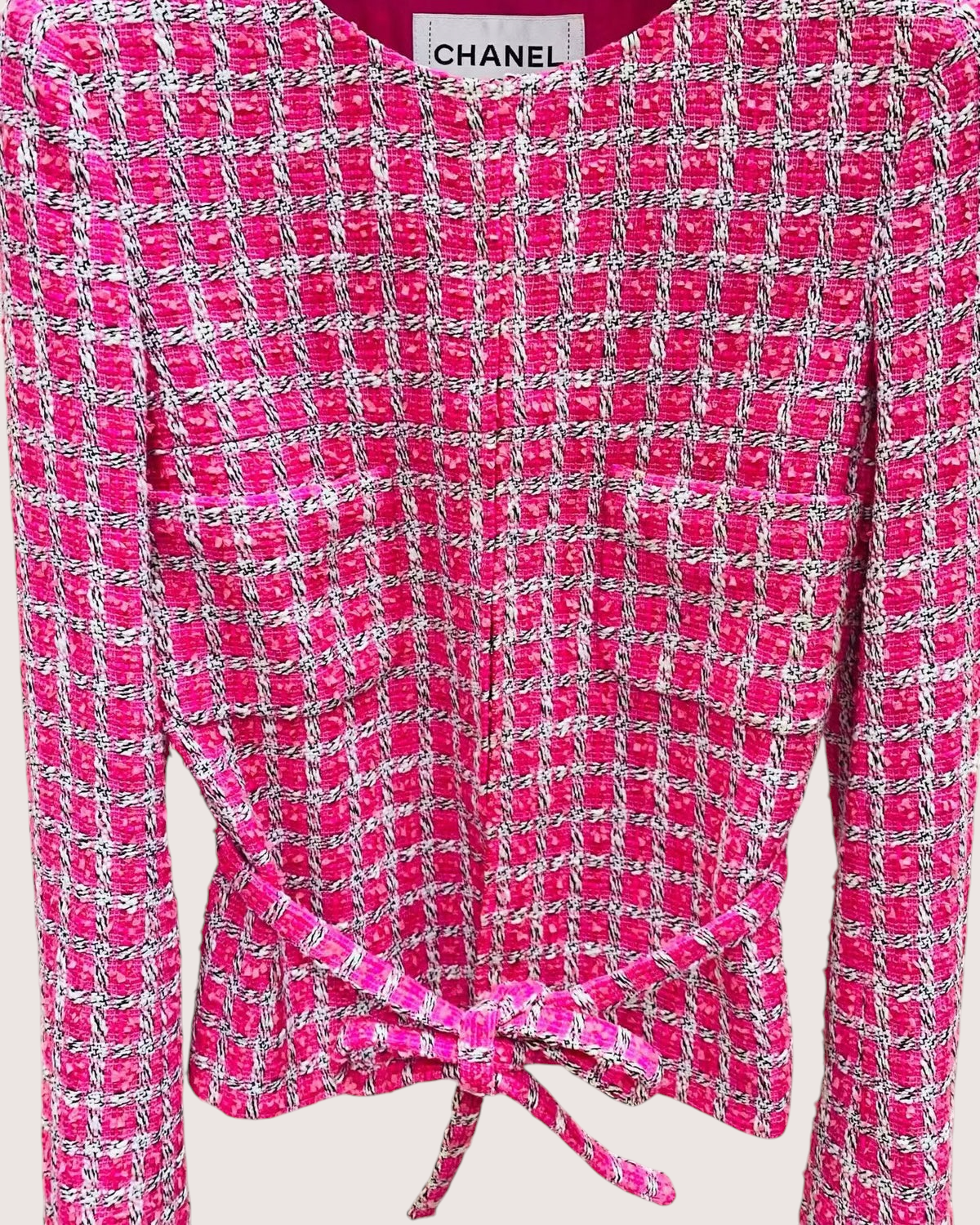 Chanel 14S Belted Tweed Jacket Pink, White, Black FR 36