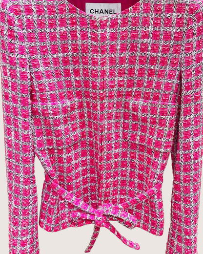 Chanel 14S Belted Tweed Jacket Pink, White, Black FR 36