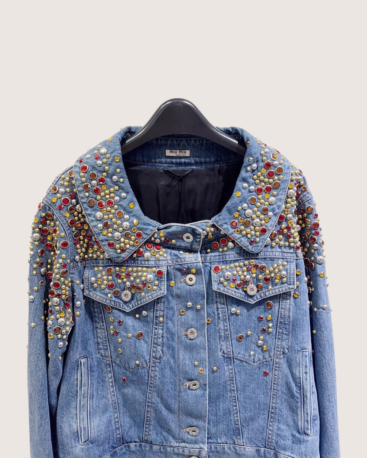Miu Miu Crystal-Embellished Denim Jacket Blue, Multicolor FR 36