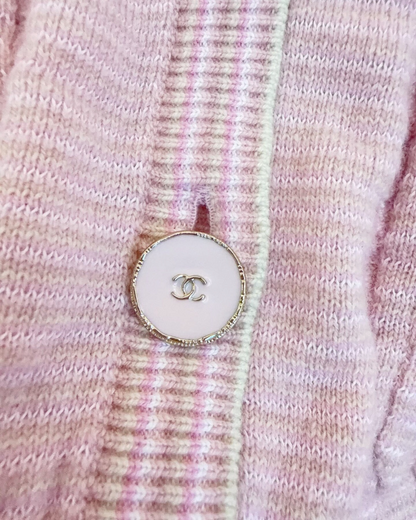 Chanel 25B Cashmere Feather-Trim Cardigan Pink, White FR 36