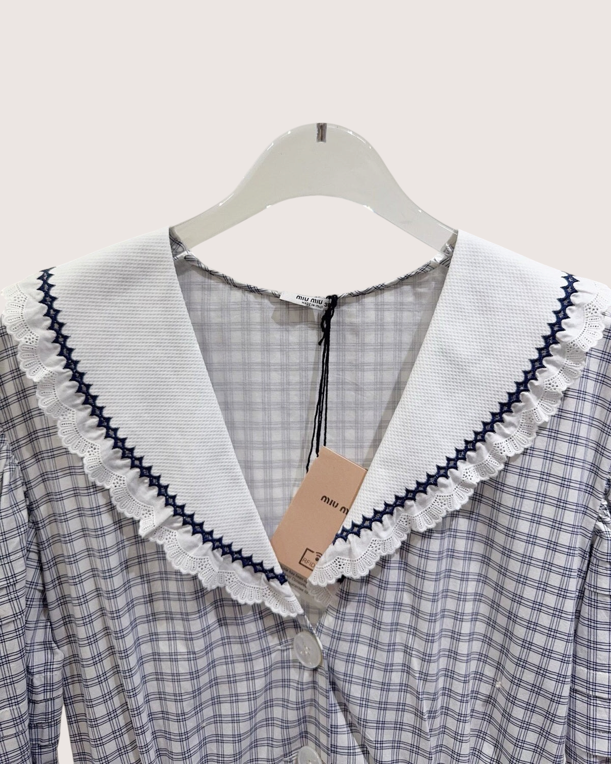Miu Miu Checked Contrast-Collar Mid-Length Dress Blue, White, Navy IT 38