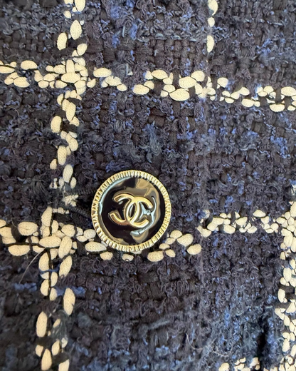 Chanel 24P Windowpane Tweed Jacket Navy, Beige/Ecru FR 40
