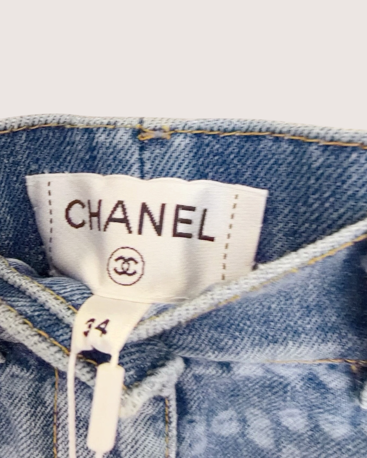 Chanel 25P CC Pearl-Print Wide-Leg Denim Jeans Blue FR 34
