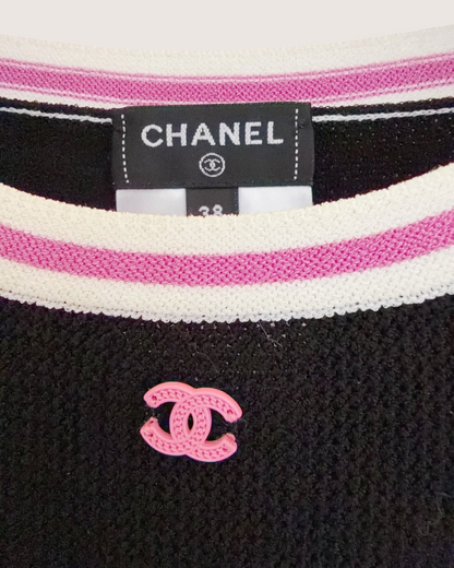 Chanel 23N Coco Neige CC Mesh-Panel Sweater Black, White, Pink FR 38