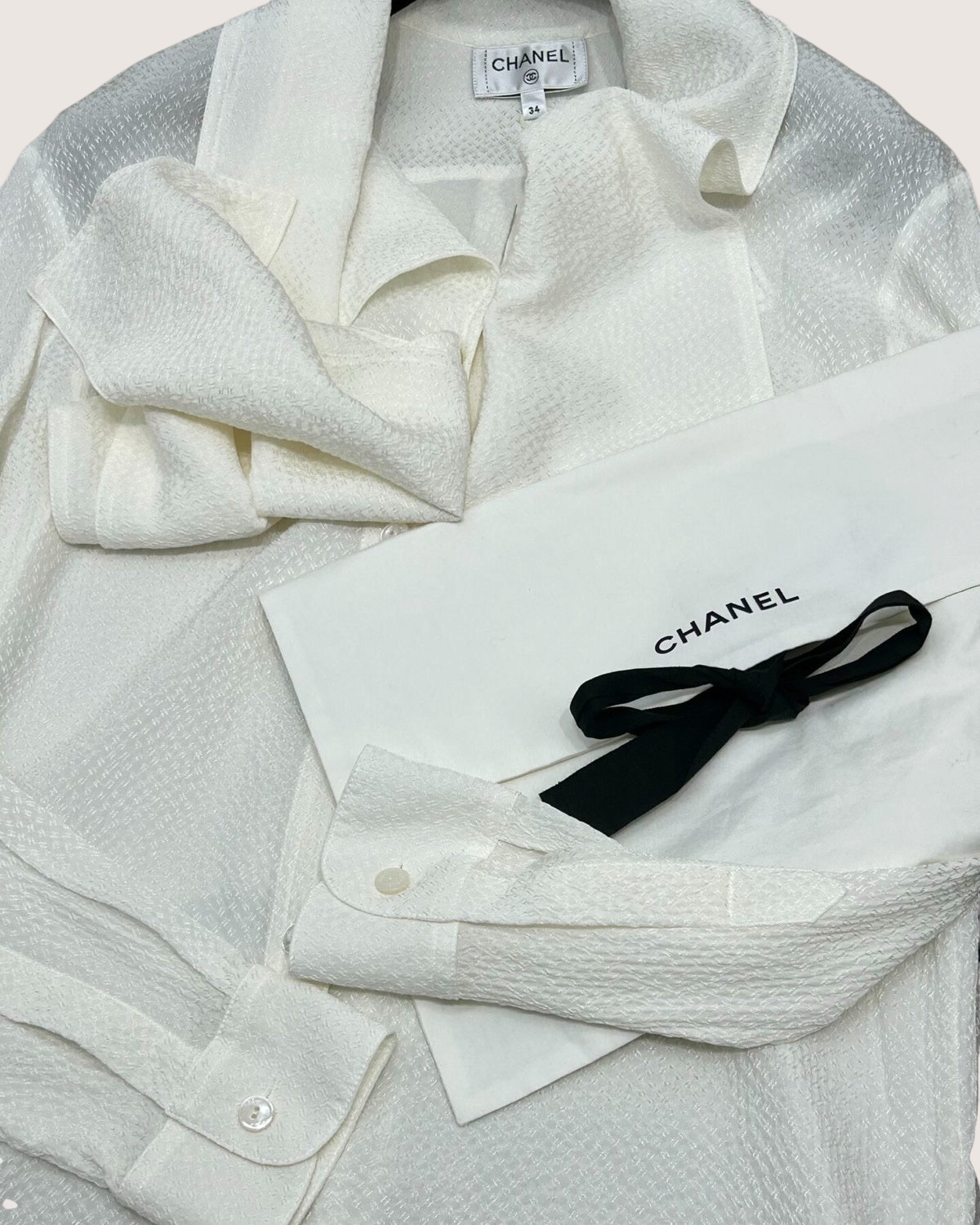 Chanel 26P CC Jacquard Tie-Neck Shirt White FR 34