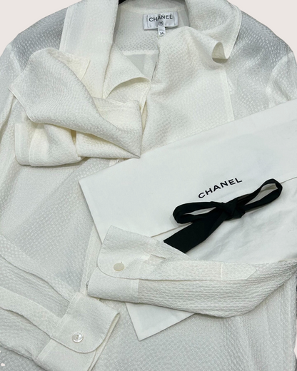 Chanel 26P CC Jacquard Tie-Neck Shirt White FR 34
