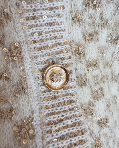Chanel 23B Sequin Checkerboard Cardigan Beige/Ecru, Gold FR 40