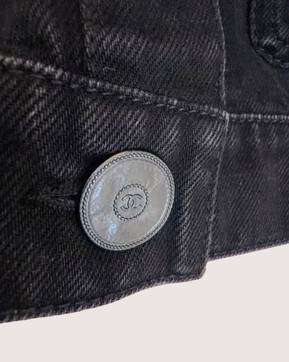Chanel 21P Cropped Camellia Denim Jacket Black FR 38