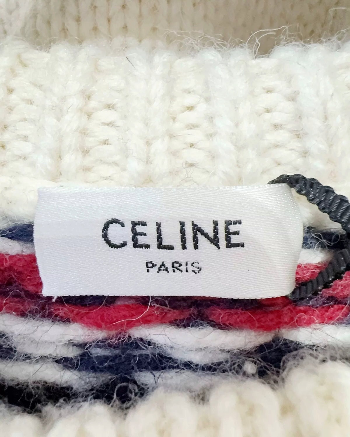 Celine Wool Triomphe Jacquard Sweater Beige/Ecru, Navy, Red FR 38
