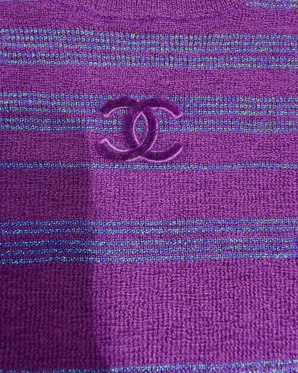 Chanel 23B Cashmere Striped Short-Sleeve Sweater Purple, Blue FR 34