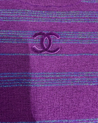 Chanel 23B Cashmere Striped Short-Sleeve Sweater Purple, Blue FR 34