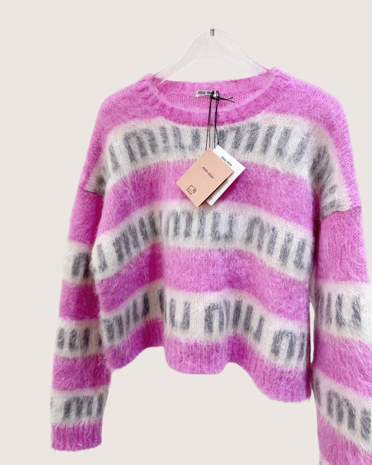 Miu Miu Mohair Striped Logo Sweater Pink, White, Grey, Multicolor IT 38