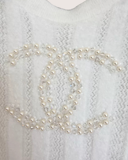 Chanel 22B Pearl CC Logo Sweater Top White FR 38