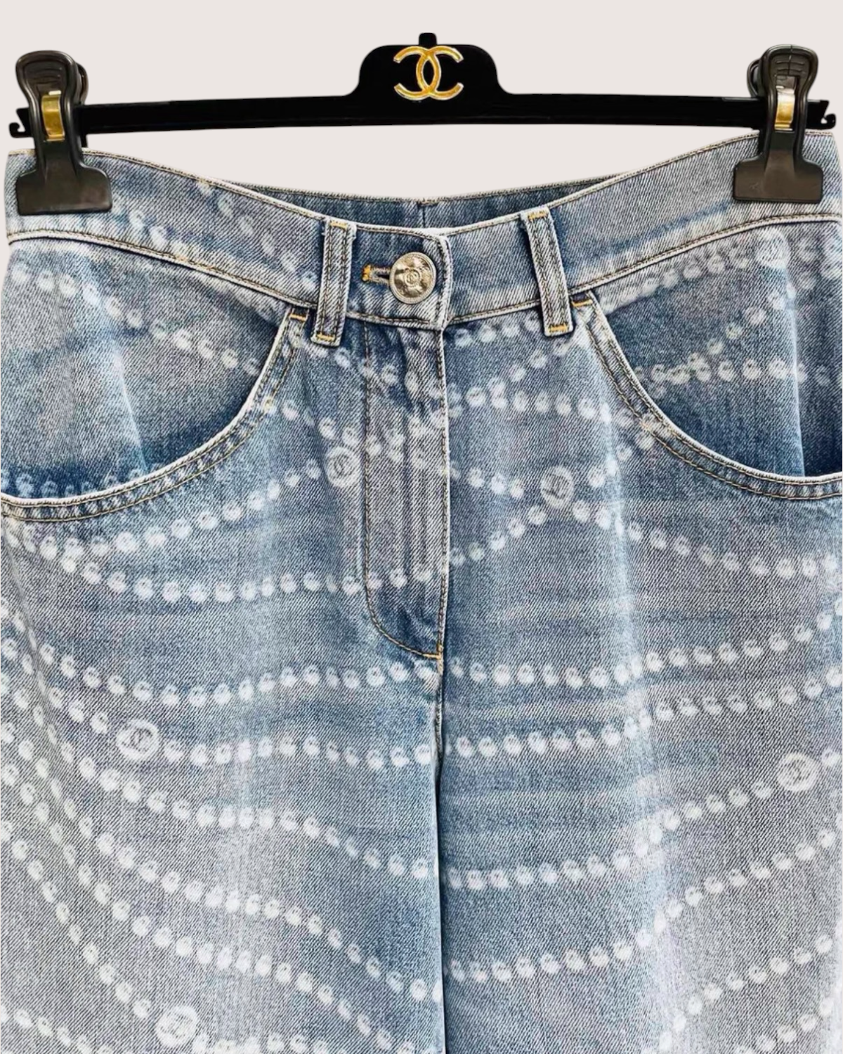 Chanel 25P CC Pearl-Print Wide-Leg Denim Jeans Blue, White FR 36