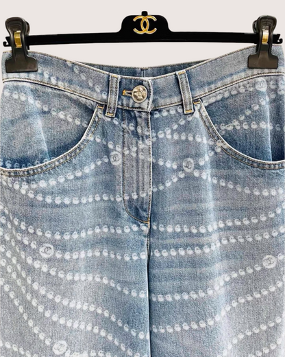 Chanel 25P CC Pearl-Print Wide-Leg Denim Jeans Blue, White FR 36